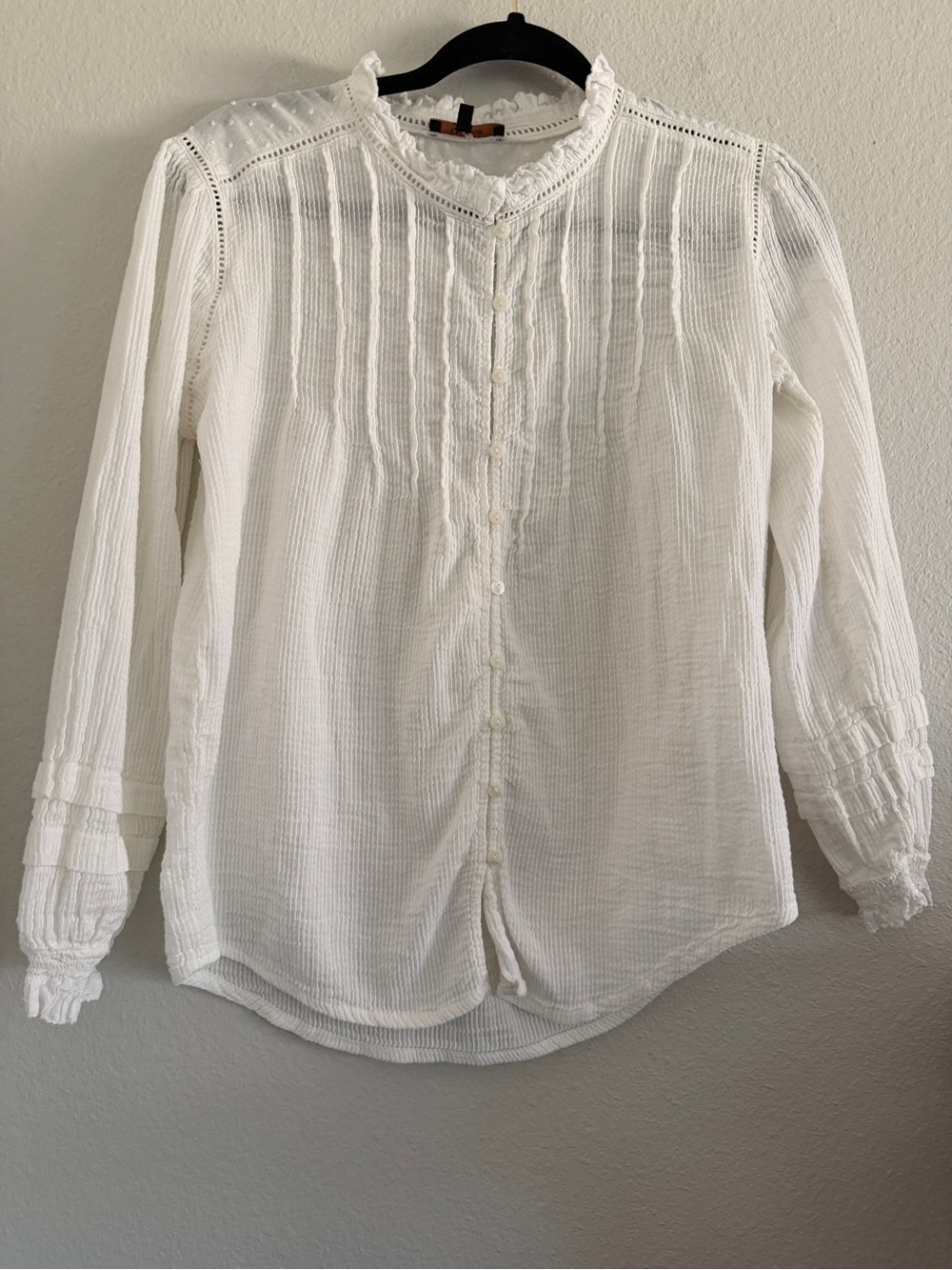 Quince Organic Textured Cotton Peasant Cottage Core  Blouse White S